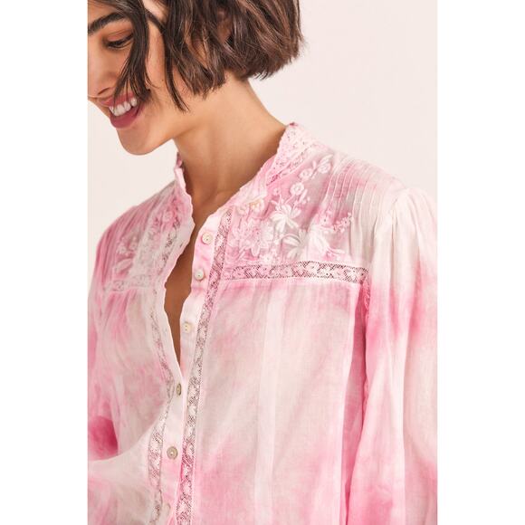 LoveShackFancy Ronda Top Island Pink Hand Dye Womens XS Button Front Cotton - Picture 2 of 16